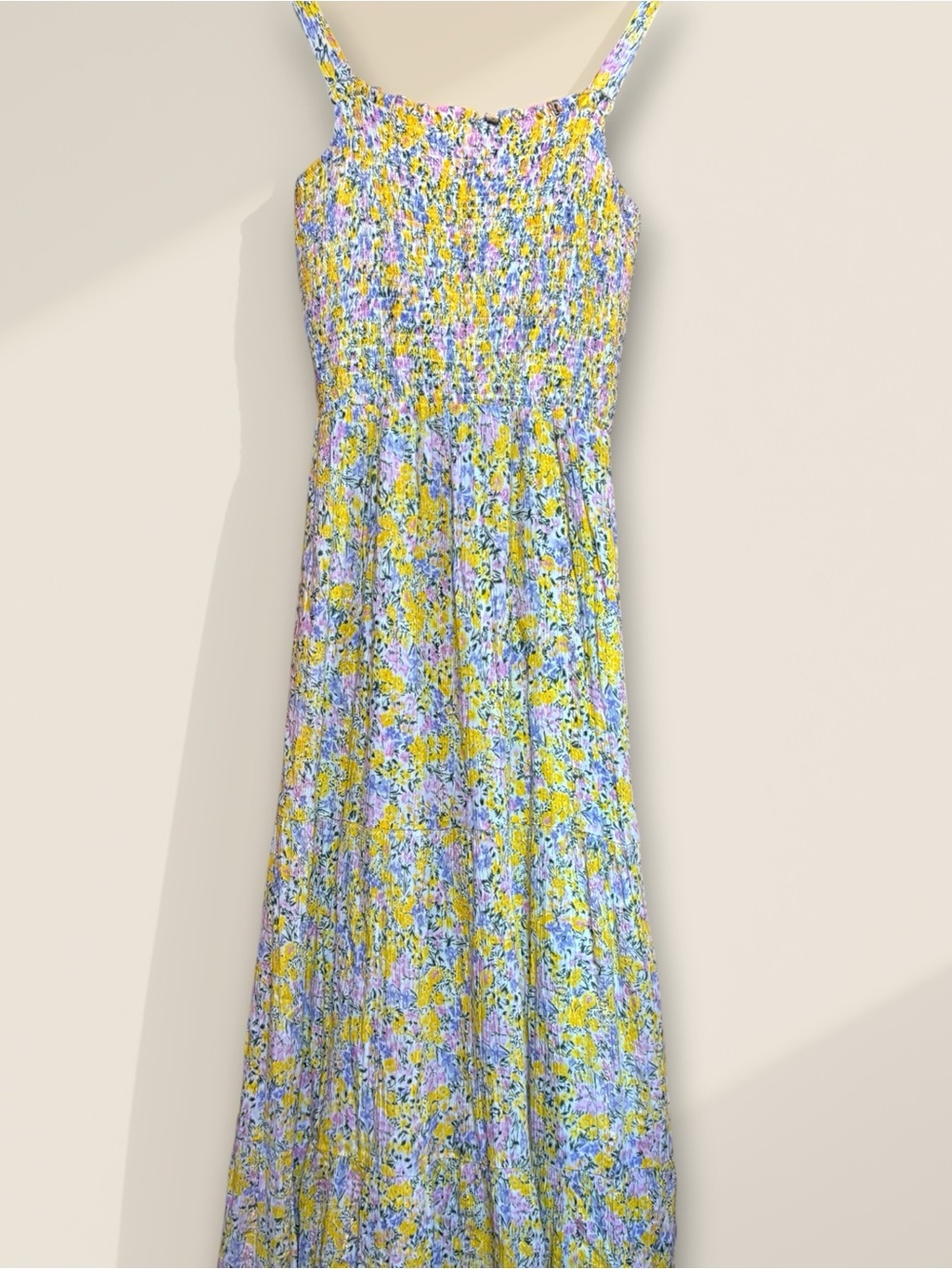 Dex Cottagecore 100% Cotton Smocked Yellow Purple and Pink Floral Maxi Dress